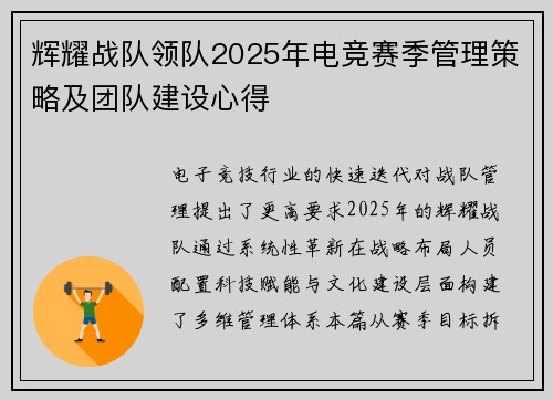 辉耀战队领队2025年电竞赛季管理策略及团队建设心得
